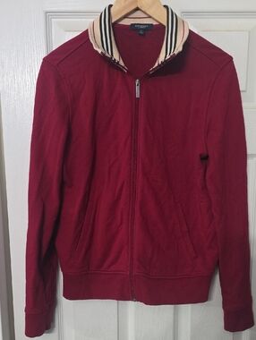 Burberry Crimson Zip-Up Jacket with Cream Stripe Collar